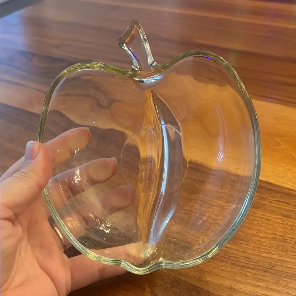 Glass Apple Candy Trinket Dish With Two Compartments 6”